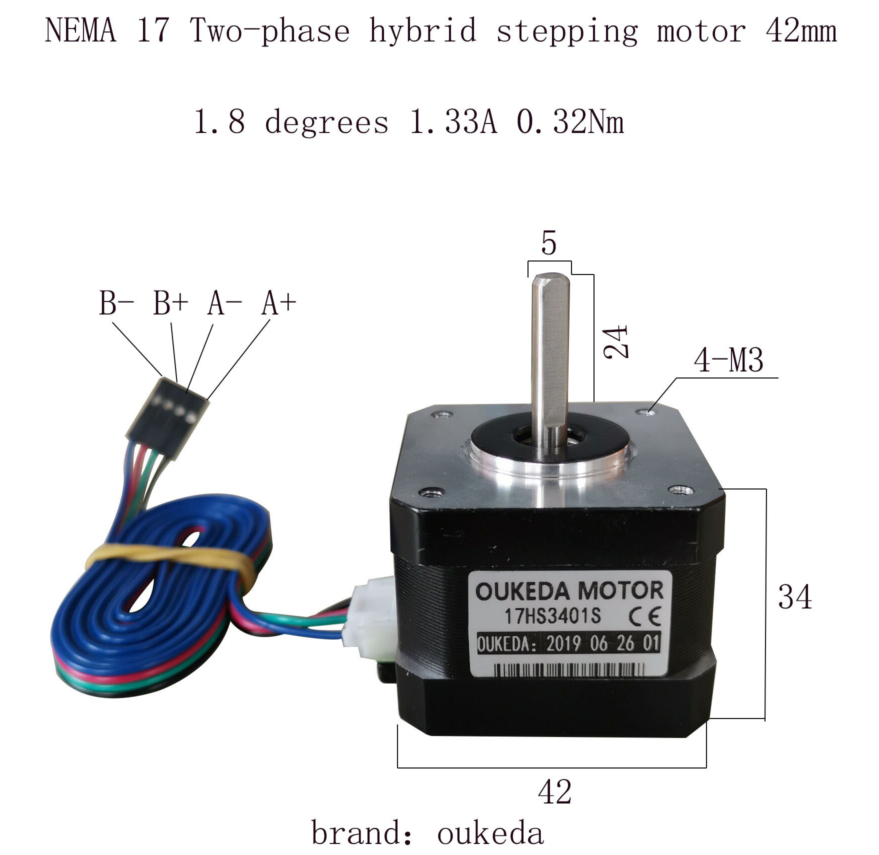 OUKEDA 17HS3401S Nema 17 Stepper Motor 1.8&deg; 32 Ncm 3.6V for 3D Printers 42mm
